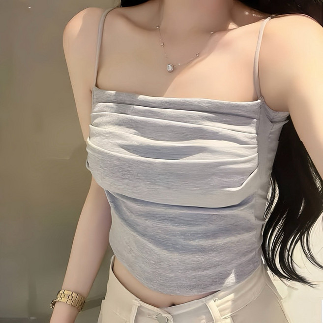 抓皺細肩帶背心 固定式胸墊內搭小可愛 收副乳Bra Top 氣質灰