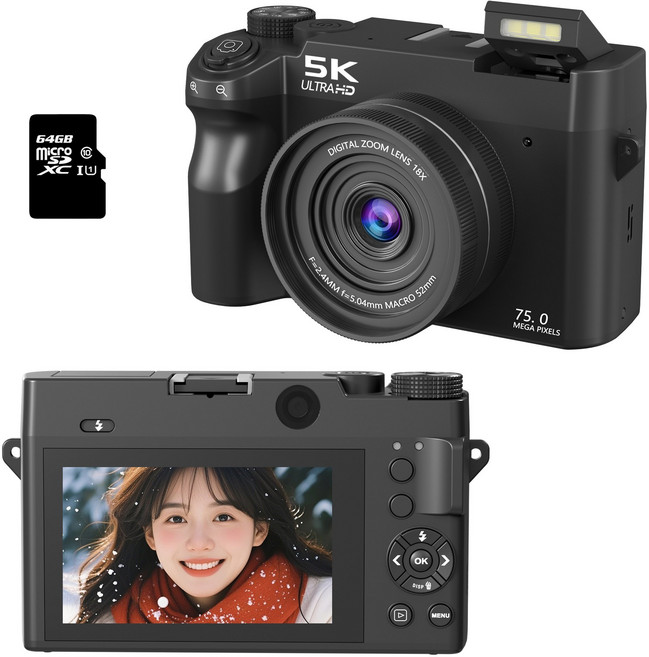 RUNHome WIFI 5K 고급 디지털 카메라 앞뒤 7500W 캠코더 선물 여행용 인생+64GB 메모리, 블랙