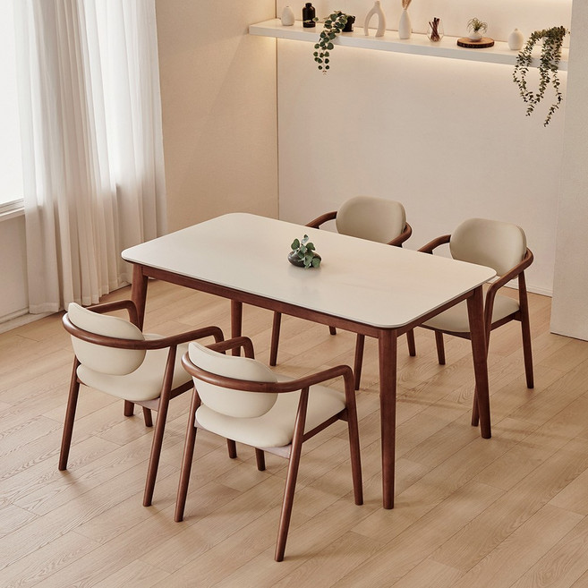 동서가구 로사 4인용 원목 세라믹 식탁 세트 1400 (의자4) DF927584, 상판 베이지 / 식탁 월넛, 일반의자 4