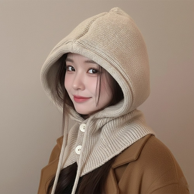 데니벨 니트 바라클라바 캐시미어 후드 넥워머, 베이지, 1개