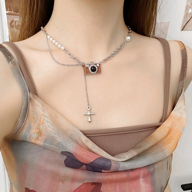 백송 어반 레트로 카메라 레이어드 목걸이 써지컬스틸 롱체인 빈티지 캐주얼 코디 남녀공용