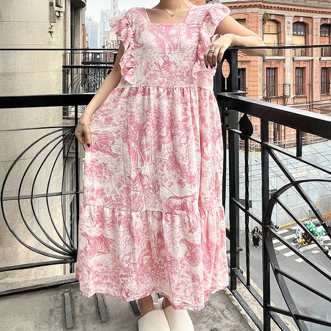 빅사이즈 홈드레스 뜨왈 프릴 스퀘어넥 롱원피스 민소매 나시 잠옷 홈웨어