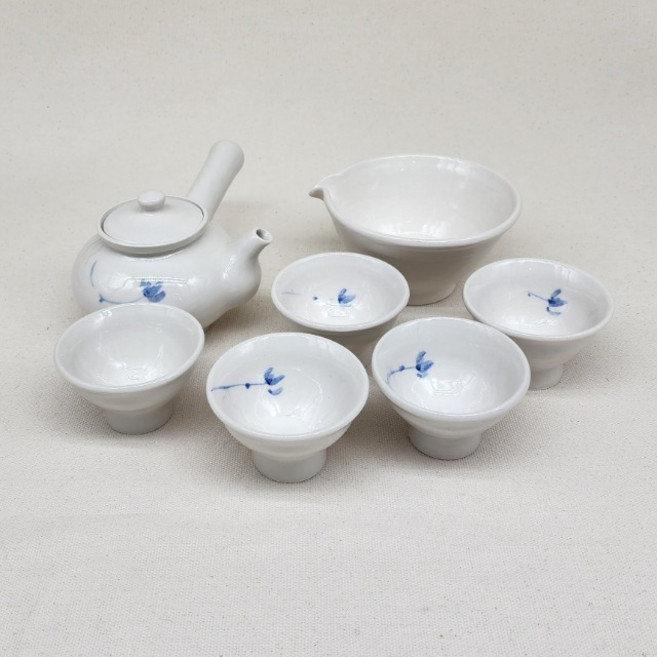 꽃백자 5인 다기세트 무균열 다도세트 전통티세트, 1개