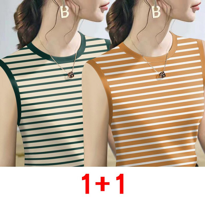 1+1 여성용 여름 민소매 나시티 봄 캐주얼 심플 스트라이프 아웃핏 이너 티셔츠 슬림핏 민소매 상의 WMY