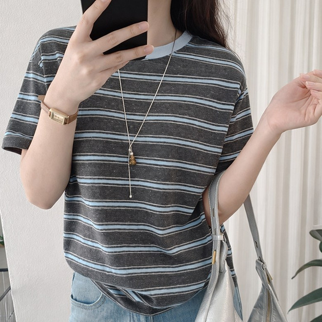 바이누아 여성 내추럴 스트라이프 코튼 반팔티셔츠