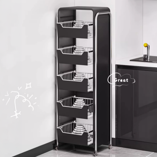 이동식 트롤리 수납장 서랍장 거실 틈새 안방 협탁, 1개, 블랙 5단 선반 53.2x30x132cm