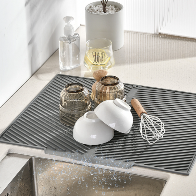 생활척척 자동 물빠짐 설거지 식기 실리콘 드라이 건조대 매트, 1개, 진회색