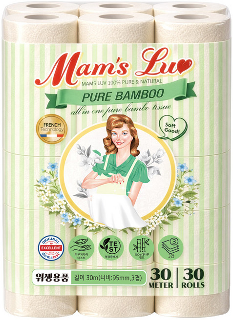 맘스럽 밤부클래식 대나무 천연펄프 무향 데코3겹 30m 30롤 1팩 두루마리 롤화장지 티슈, 1세트