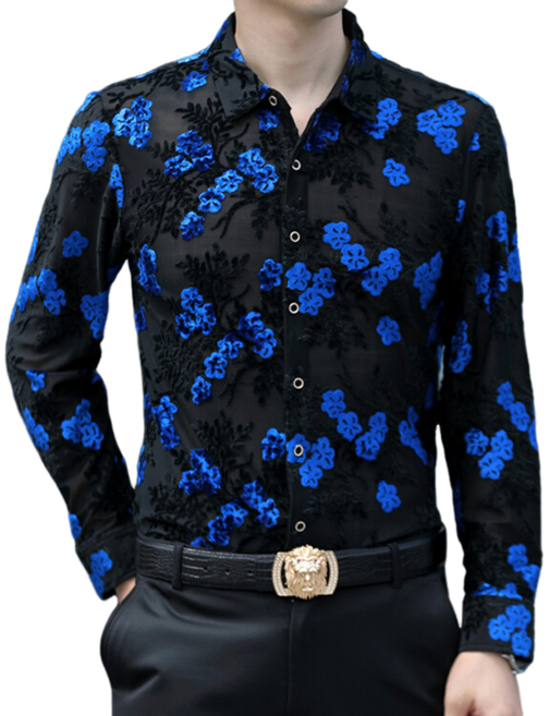 남자 댄스복 벨벳 긴팔 셔츠 용무늬 자카르 캐주얼 셔츠