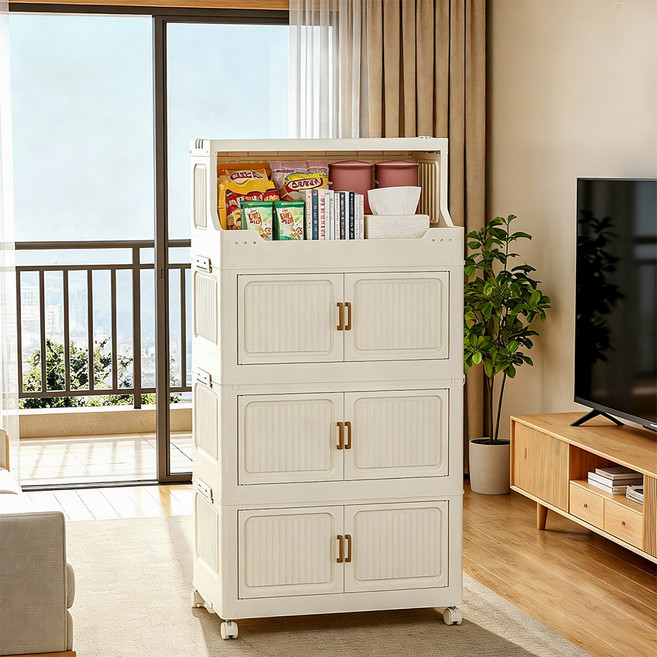 Ageye 대형 접이식 폴딩 리빙박스 수납함 이동식 접이식 수납장 가정용 다용도 옷 수납장, 4 레이어 베이지