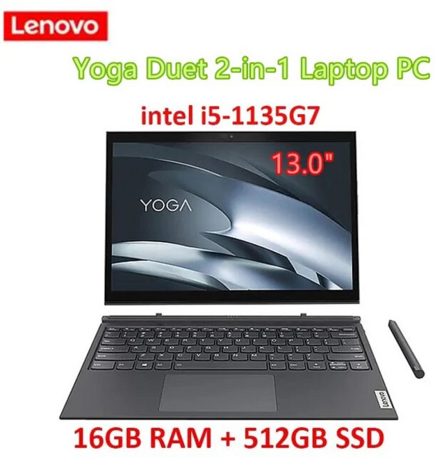 하이엔드 2021 레노버 요가 듀엣 노트북 PC 13 인치 2K 터치 태블릿 및 키보드 i51135G7 16GB 512GB SSD 썬더볼트 4, 없음, 없음, 없음, 없음, 4.i5 16GB 512GB  EU