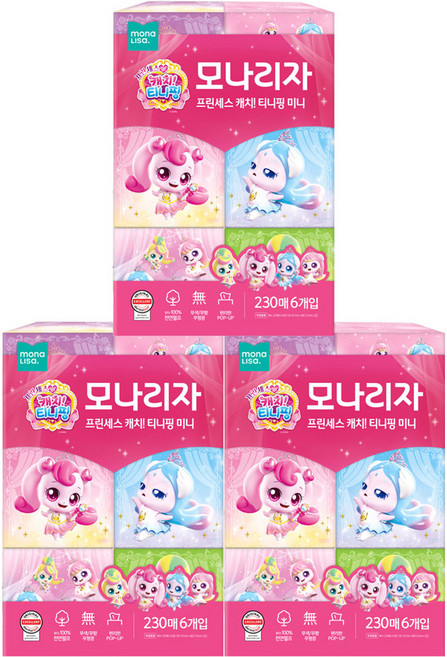 모나리자 캐치! 티니핑 미니 미용티슈 230매 6입 천연펄프, 3개, 6개입