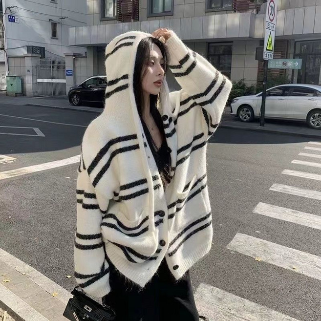 條紋連帽抽繩針織外套 韓系慵懶風寬鬆百搭毛衣開衫 女秋冬上衣外穿
