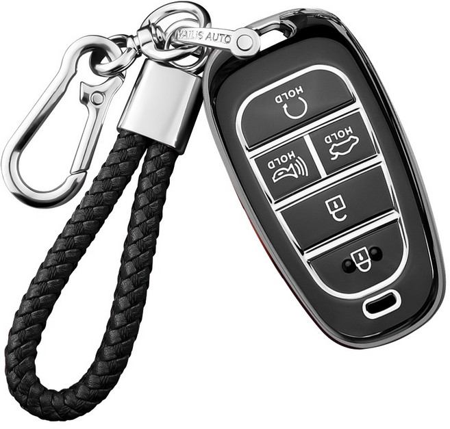 MODACE 현대 차키케이스+스트랩 메탈 키링 열쇠고리(5버튼/7버튼)TPU 소프트젤 보호 케이스, 5버튼-실버 블랙