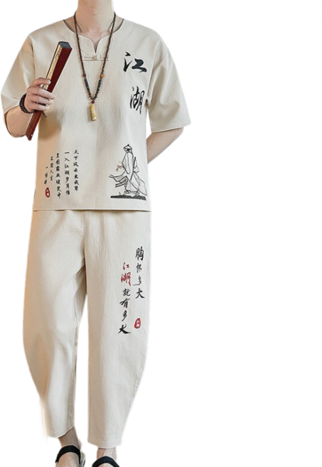 남자 린넨 바지 상하의세트 면 마 생활 소재 삼베 퓨전 여름 강호 자수 YD 뉴타임즈 H682Y452, XL, 베이지, 1개