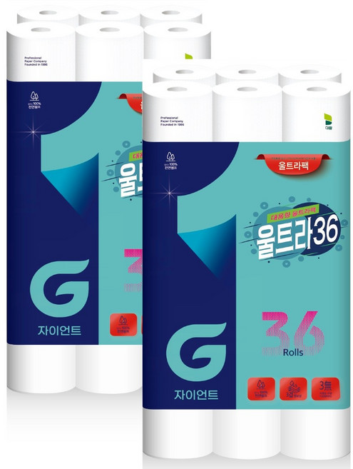 자이언트 울트라 36 천연펄프 대용량 화장지 2팩 총 72롤, 27m, 36롤, 2개