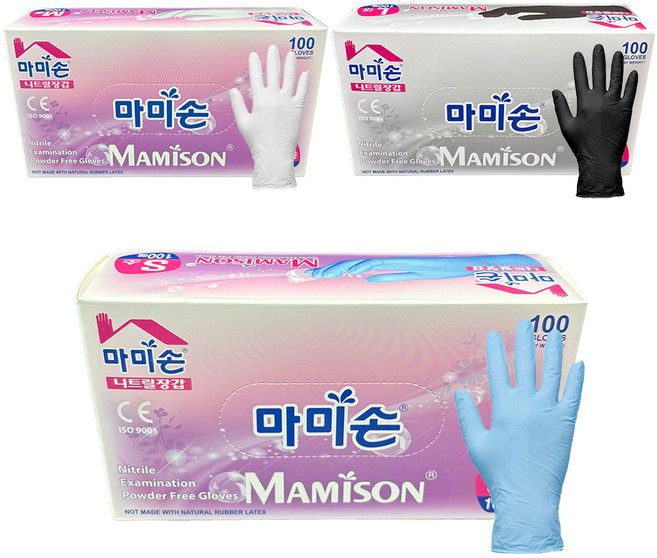 마미손 니트릴 위생 장갑 흰색 검정 파랑 S M L 100매입 1통, 1개