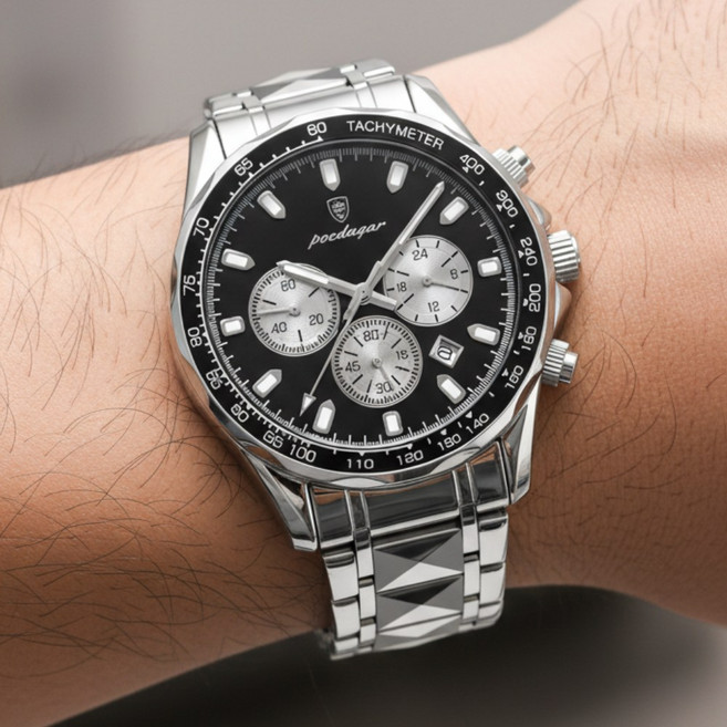 포스워백 오토캘린더 크로노그래프 야광 남자 메탈 손목시계