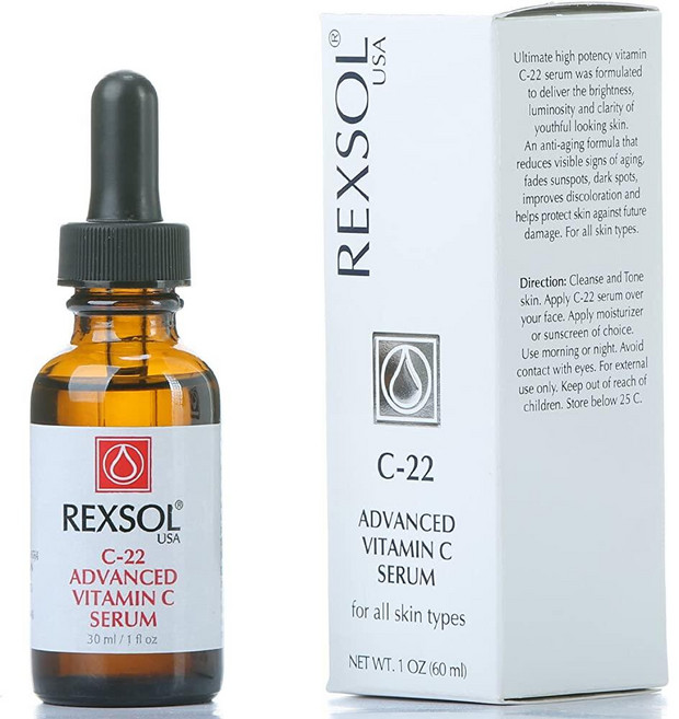 REXSOL 22% 고급 비타민 C 세럼 히알루론산 페룰산 로즈마리 및 E 함유 최고의 안티에이징 포뮬러 눈에 띄는 노화 징후 감소 다크 스팟 (30ml / 1액량, 30ml, 1개