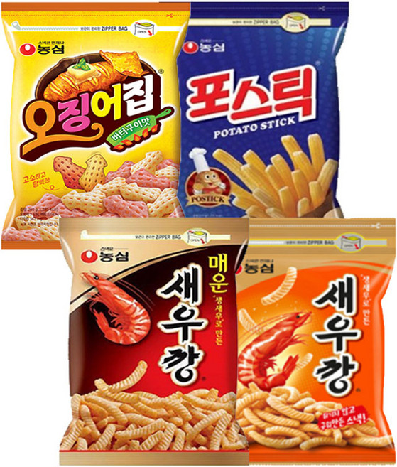 농심 대용량 새우깡400g +매운새우깡400g +포스틱280g +오징어집260g 지퍼백 스낵, 1.34kg, 1세트
