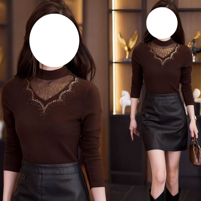 쌍천 겨울 도톰한 여성 레이스 핫픽스 반폴라 긴팔 보온 상의 W26011903