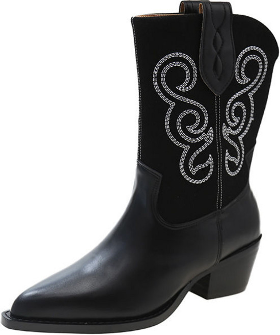 여자 봄과 가을 짧은 부츠 패션 카우보이 부츠 가을 새로운 두꺼운 힐 자수 미들 부츠 캐주얼 올매치 포인트 5.5CM 미들 부츠 JKGRJA09J