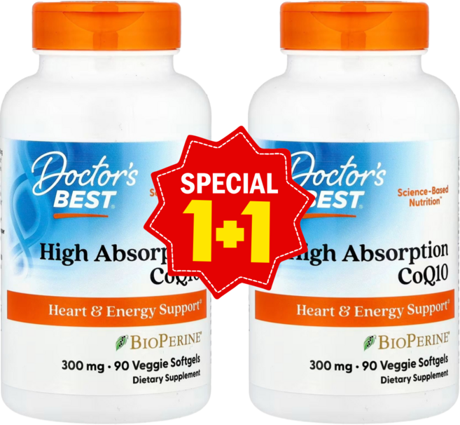 1+1 닥터스베스트 바이오페린 함유 고흡수 CoQ10 300mg 베지 소프트젤 90정 흑후추추출물 유비퀴논 함유 / 해외직구 미국정품, 2개