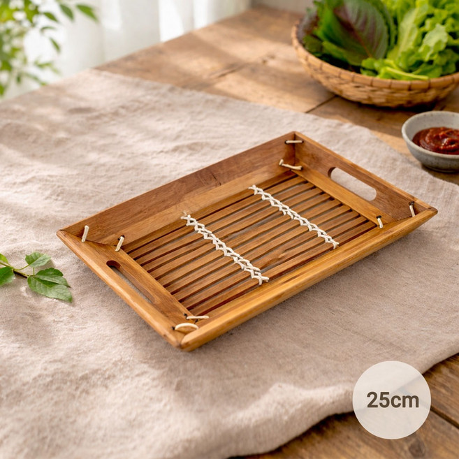 25cm 대나무 직사각 쌈채반 ( 원목 트레이 업소용 식당 상추채반 쟁반국수 튀김 야채 그릇 긴접시 다용도 물빠짐 소쿠리 )