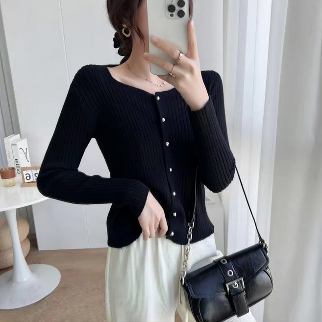 체인지쉬(change she) 여성 스퀘어넥 시크 라인 골지 니트 가디건