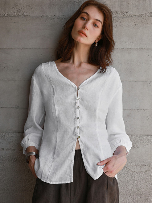 【老錢風高級感】亞麻襯衫 女式襯衫 V領襯衫 七分袖襯衫 休閒襯衫 白色上衣 垂墜透氣 歐美簡約 通勤度假穿搭