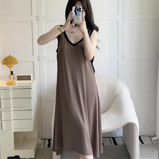 부드러운 면 소재 잠옷 원피스 나시원피스 편안한 루즈핏 여성 여름 잠옷 실내복 V넥 민소매 원피스