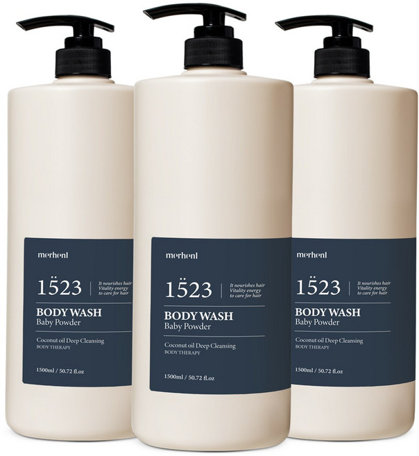 [1+1+1] 메르헨트 코코넛 오일 딥클렌징 대용량 단백질 바디워시 1500ml 베이비파우더향 향기좋은 향좋은 향수 바디워시 바디클렌저 남자 여자 군인 추천남성 여성 바디워시 1위, 3개, 1.5L