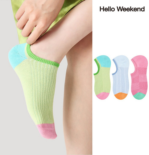 Hello Weekend 여성 귀여운 배색 봄여름 단양말 실내 양말 고무 모조 양말 신발 커버 운동 미끄럼 방지 3족 세트