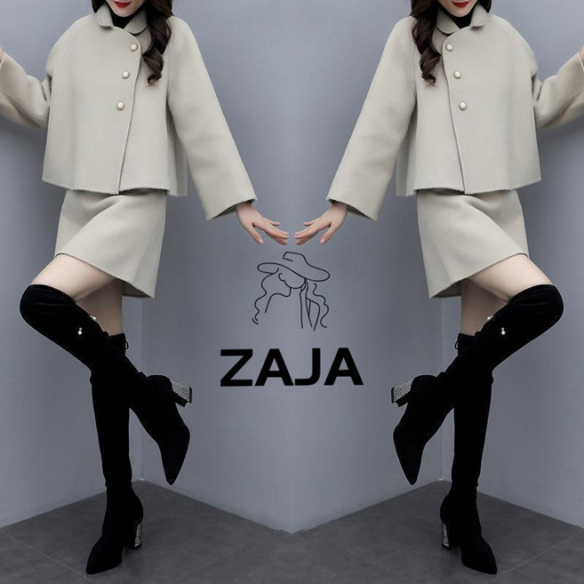 ZAJA 여성 모직 투피스세트 여성스러운 코트 + 스커트 캐주얼 상하의세트