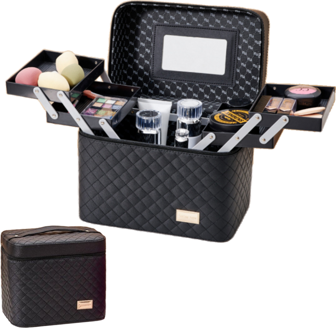 프라홈 대용량 4단 폴딩 계단 메이크업 박스 미용가방 PR647, 1개, 블랙