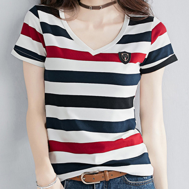 데일로엔 여성 스트라이프 브이넥 여름 반팔티