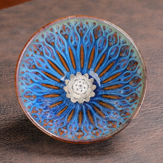 七彩孔雀蓮花陶瓷茶杯 建盞茶盞 窯變幻彩蓮花杯, 1個, 2★窯變藍·劍羽(銀蓮花)直徑9.3, 窯變藍·劍羽(銀蓮花)