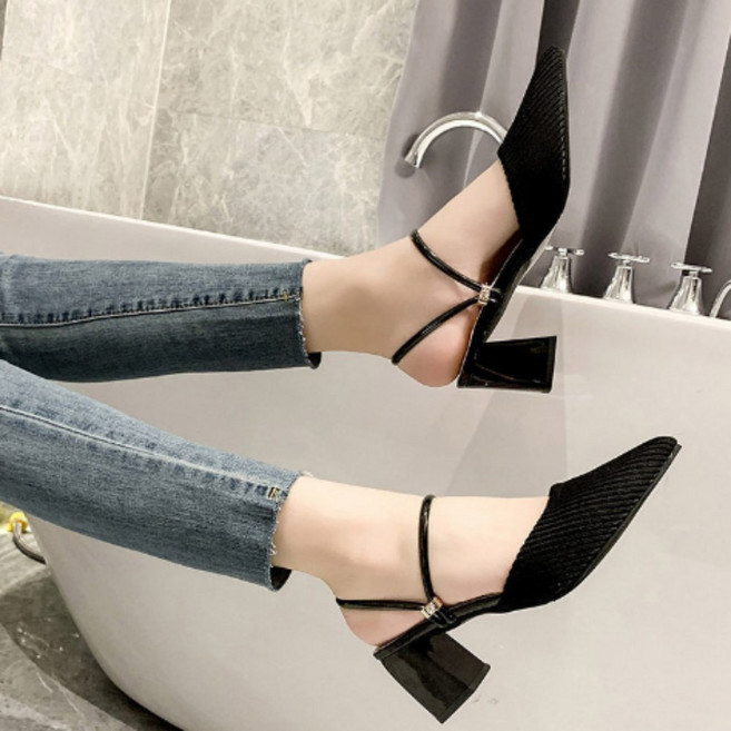 통굽 스트랩 슬링백 데일리 여성 스틸레토 펌프스 이중쿠션 파티