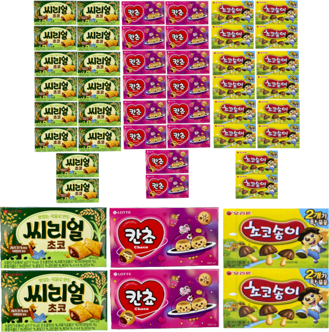 오리온제과 초코송이 72그램 + 롯데제과 칸쵸 108그램 + 롯데제과 씨리얼 초코 84그램 (판매원 주식회사 씨엠몰), 264g, 8세트