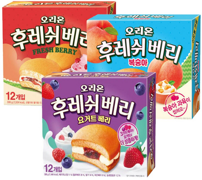 오리온 대용량 후레쉬베리 336g 3종 복숭아 + 딸기 + 요거트베리, 3개