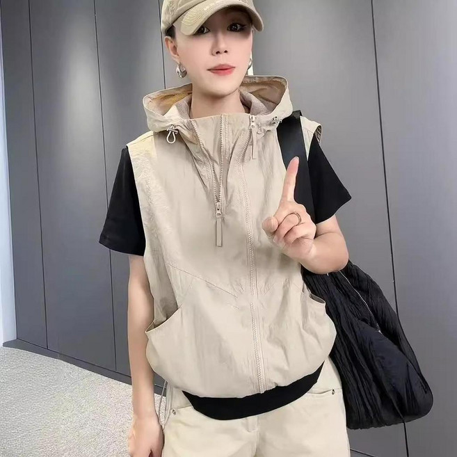春夏連帽薄馬甲女, 卡其,XL65.0-75.0公斤