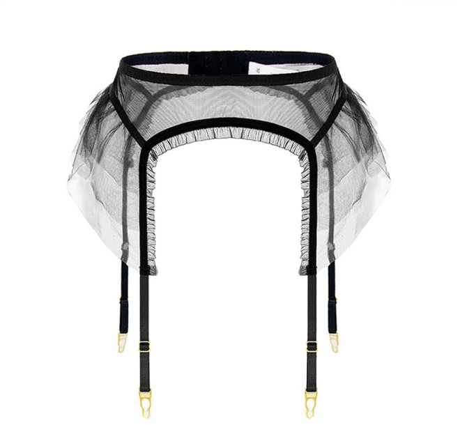 여성은 메쉬 가터 벨트 ruffle 트림 트림 정지 벨트를 통한 허벅지 높이를 봅니다.