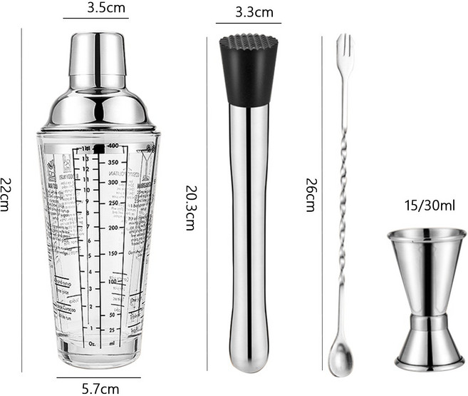 칵테일 쉐이커 도구 세트 만들기 셰이커 계량컵 홈텐딩 바텐더 용품 바 키트 400ml, 칵테일 쉐이커+머들러+바 스푼+지거, 1개