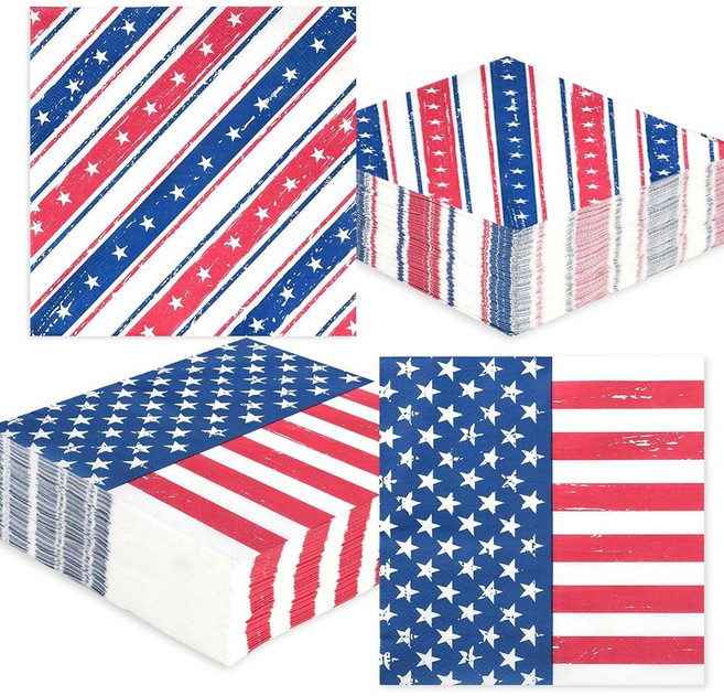 4th of July Patriotic Napkins 200 Pcs American Flag Disposable Paper Napkins 레드 화이트 블루 Stars 스트라, Red