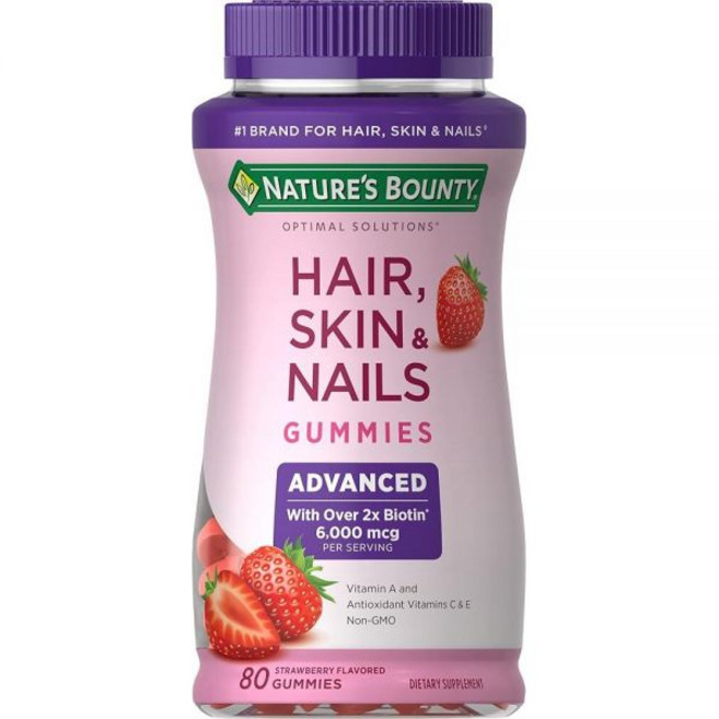 Nature's Bounty Optimal SolutiON 온s 고급 모발 피부 손톱 비오틴 2개 딸기 젤리 80개 총 40회 분량, 80