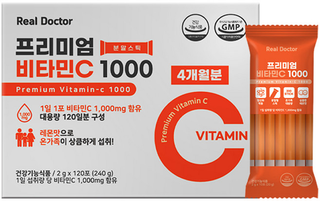 리얼닥터 프리미엄 비타민C 1000 분말 항산화 피로회복 고용량 1 000mg 하루 1포 120일분 대용량 레몬즙과즙분말, 120회분, 1개