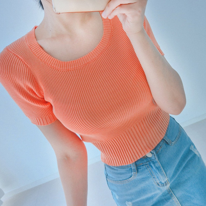 nanalshop 여성 스웨터 니트 반팔니트 반팔티셔츠 라운드넥 여름니트 여름티셔츠 여성의류 티셔츠 크롭 니트 스판티