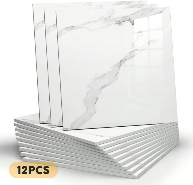 Flyaiku 주방 욕실 타일 시트지 인조 대리석 포인트 벽지 셀프 시공 30*30, 12개, 화이트 대리석