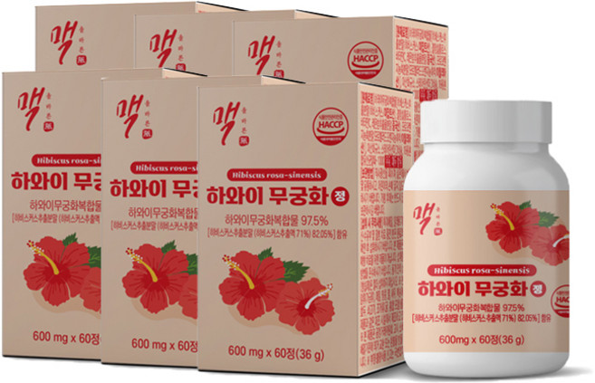 올바른맥 하와이 무궁화 정 600mg x 60정 히비스커스 고함량 체중관리 다이어트 체지방 감소 식약처 HACCP, 6개