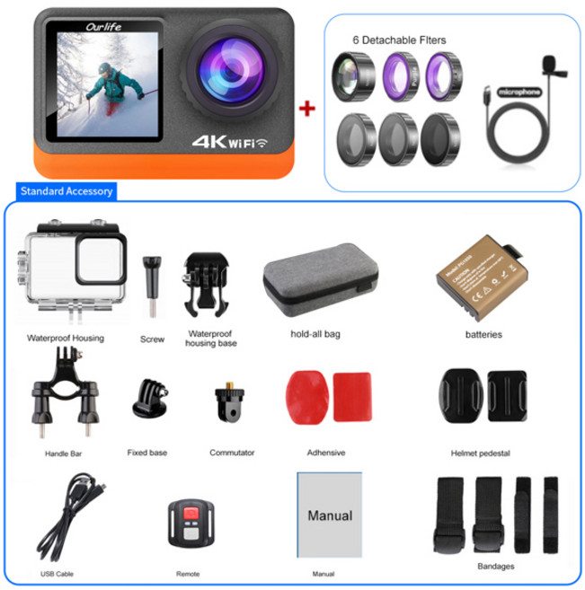 Ourlife MTR80 4K60FPS 액션 카메라 2.0 터치 IPS 스크린 24MP Wi-Fi 170D EIS 30M 방수 헬멧 웹캠 4X 줌 스포츠 카메라, [01] MTR80 With Mic 6Lens, China Mainland, With out card